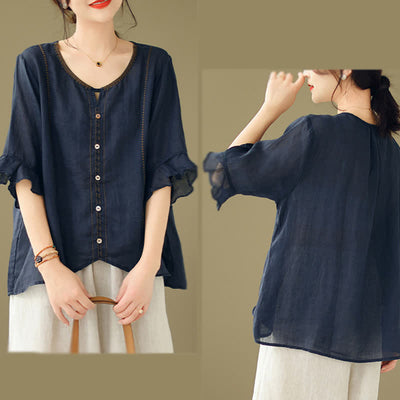 Buddha Stones Embroidery Buttons Crew Neck Flared Short Sleeve Women's Shirt - image 19