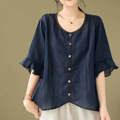 Buddha Stones Embroidery Buttons Crew Neck Flared Short Sleeve Women's Shirt - image 16