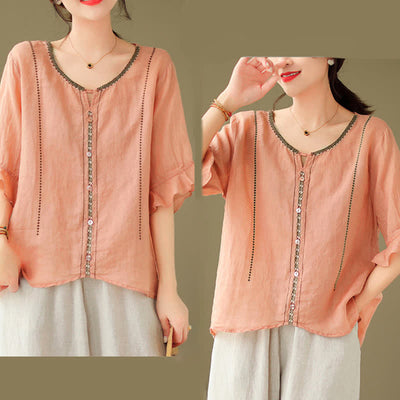 Buddha Stones Embroidery Buttons Crew Neck Flared Short Sleeve Women's Shirt - image 24