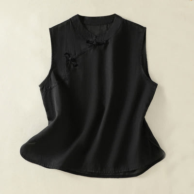Buddha Stones Summer Retro Plain Frog-Button Stand Collar Women's Sleeveless Vest - Black - US12，UK/AU16，EU44 (2XL) - image 13