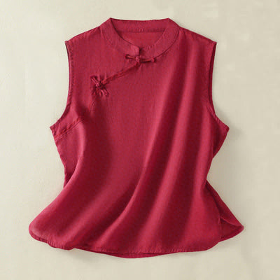 Buddha Stones Summer Retro Plain Frog-Button Stand Collar Women's Sleeveless Vest - Crimson - US12，UK/AU16，EU44 (2XL) - image 7