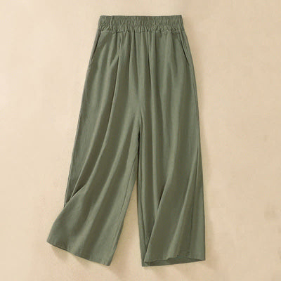 Buddha Stones High Waist Capri Cropped Women's Wide Leg Cotton Pants With Pockets - DarkSeaGreen - US8-10，UK/AU12-14，EU40-42 (2XL) - image 11