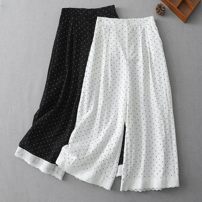 Buddha Stones Polka Dot Lace Patchwork Cotton Women's Wide Leg Capri Pants With Pockets - image 13