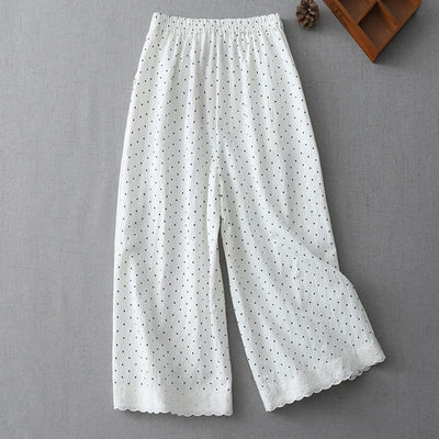 Buddha Stones Polka Dot Lace Patchwork Cotton Women's Wide Leg Capri Pants With Pockets - image 5