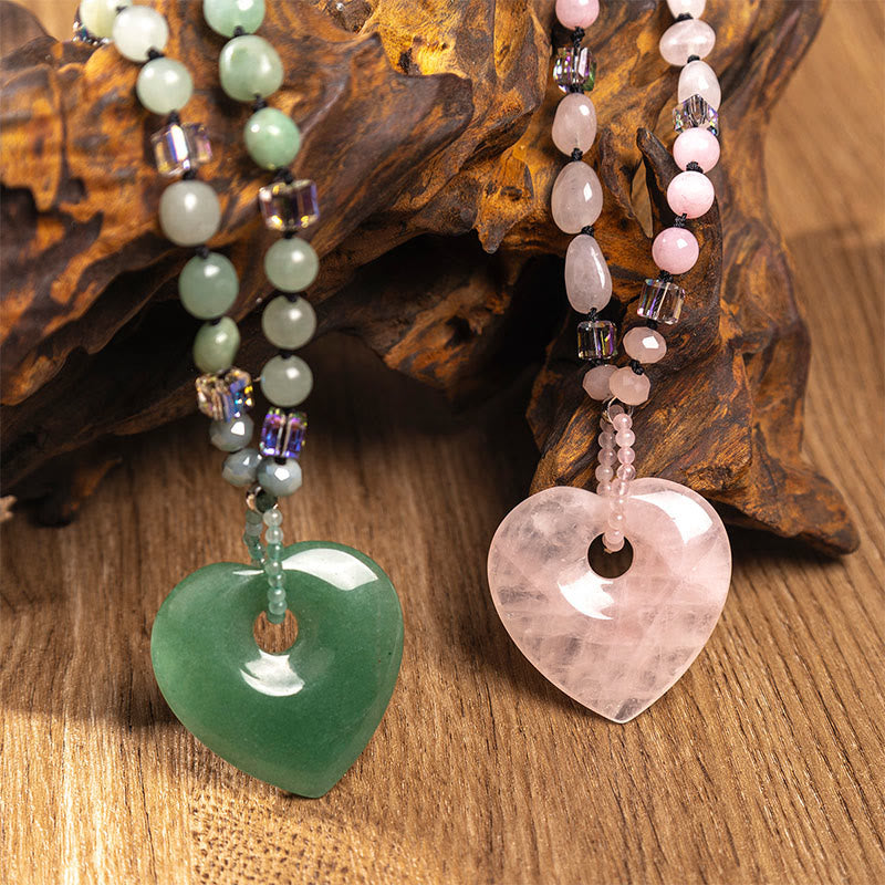 Buddha Stones Rose Quartz Green Aventurine Love Heart Beads Luck Necklace Pendant - image 0