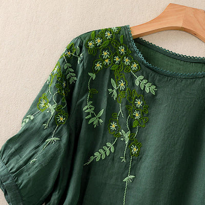 Buddha Stones Retro Embroidery Floral Pattern Short Sleeve Crew Neck Women's Shirt - image 3
