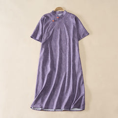 Buddha Stones Summer Crew Neck Plain Short Sleeve Below Knee Dress - MediumPurple - US14，UK/AU18，EU46 (2XL) - image 0