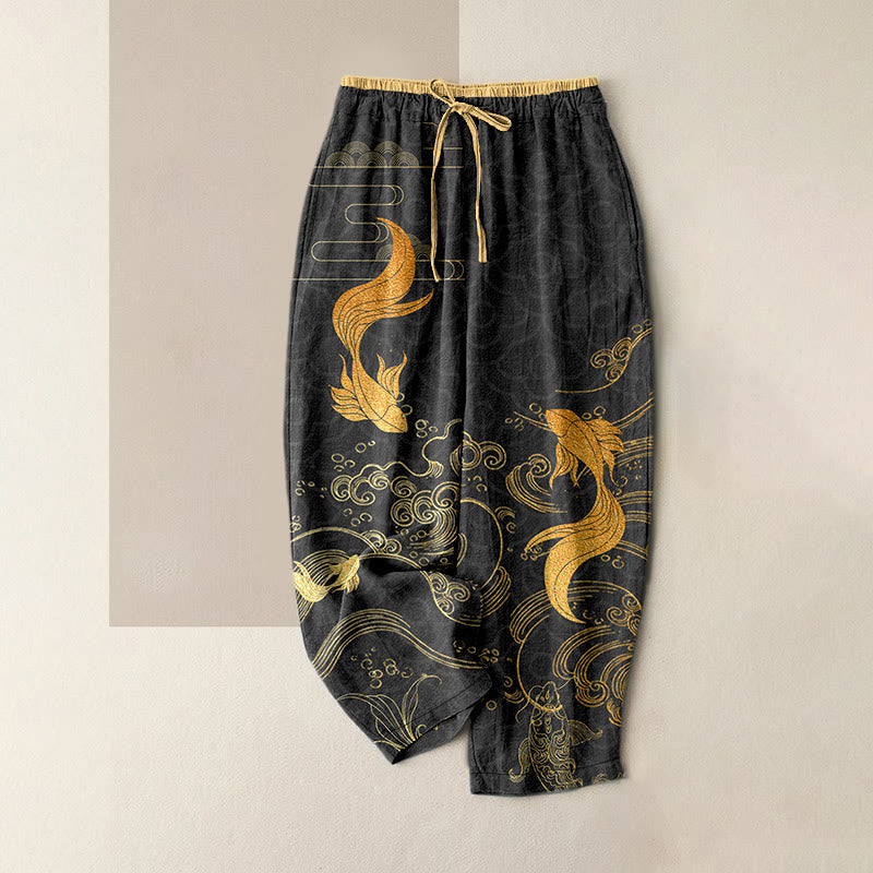 Buddha Stones Pure Cotton Koi Fish Wave Pattern Women's Elastic Waist Pants With Pockets - Black - US16，UK/AU20，EU48 (3XL) - image 5