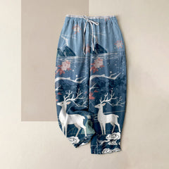 Buddha Stones Pure Cotton Pink Blossom Deer Mountain Pattern Women's Elastic Waist Pants With Pockets - SteelBlue - US16，UK/AU20，EU48 (3XL) - image 0