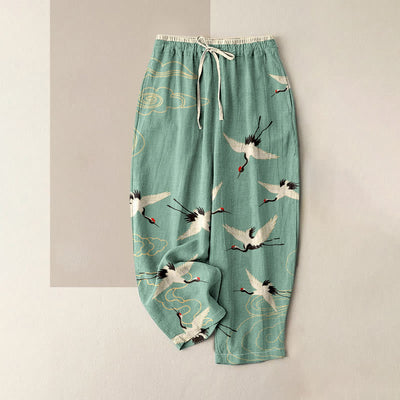 Buddha Stones Pure Cotton Crane Cloud Pattern Women's Elastic Waist Pants With Pockets - LightSeaGreen - US16，UK/AU20，EU48 (3XL) - image 0