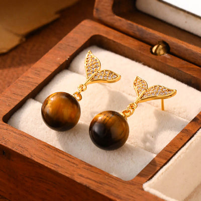 Buddha Stones Tiger Eye Round Bead Fish Tail Irregular Design Protection Earrings - Fish Tail(925 Sterling Silver Posts) - image 0