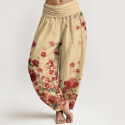 Foviel Baumwolle Camellia Pfingstrossom Muster Damen elastische Taille Harem Hose
