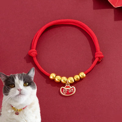 Buddha Stones Red String Bead Yuanbao Fu Character Protection Adjustable Cats Dogs Pet Collar - Copper Coin Yuanbao - 20-33cm - image 0