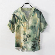 Foviel Cotton Bamboo Pattern Men's Short Sleeve Half Button Shirt