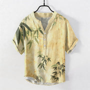 Foviel Cotton Bamboo Pattern Men's Short Sleeve Half Button Shirt
