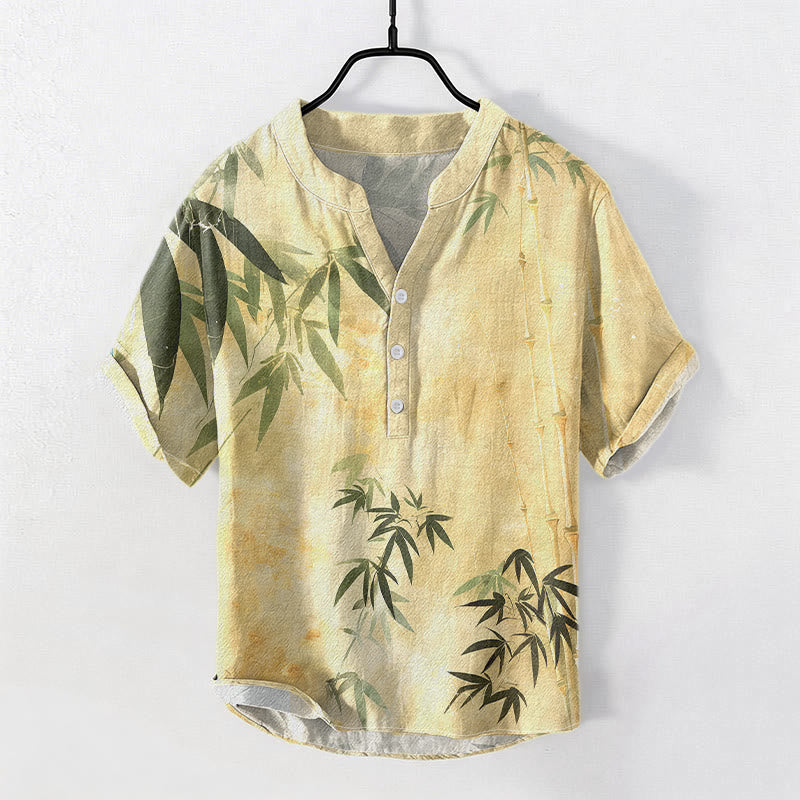 Buddha Stones Cotton Bamboo Pattern Men's Short Sleeve Half Button Shirt - Khaki - US/UK/AU50，EU60 (5XL) - image 6