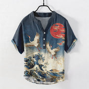 Foviel Cotton Crane Wave Sun Pattern Men's Short Sleeve Half Button Shirt