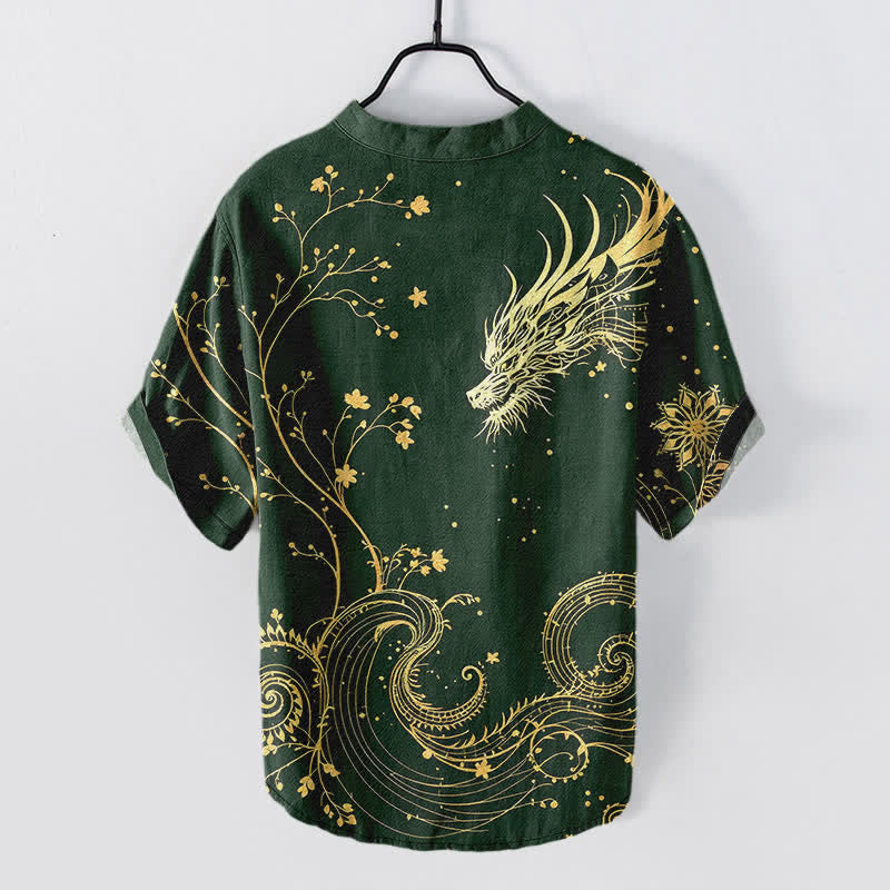 Buddha Stones Cotton Wave Dragon Flower Pattern Men's Short Sleeve Half Button Shirt - image 6