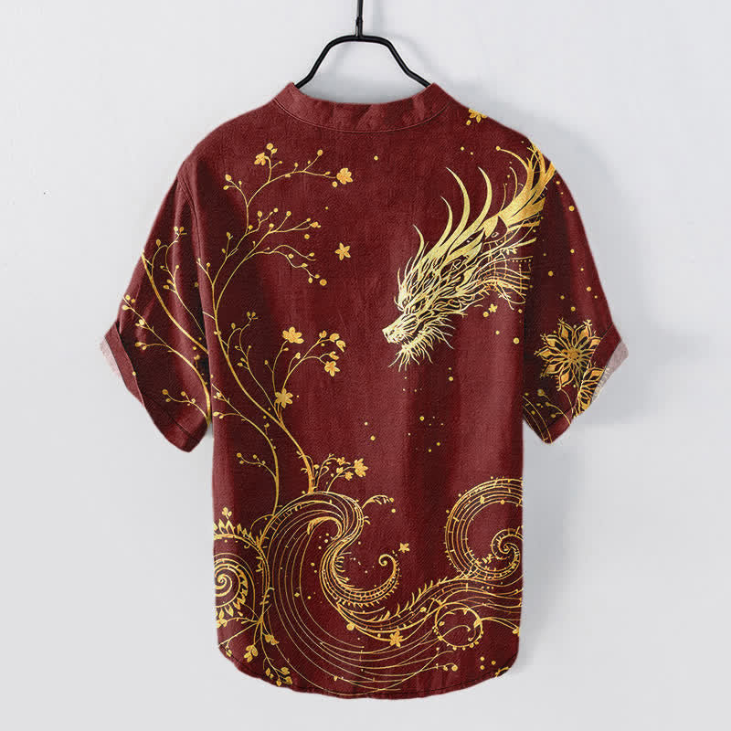 Buddha Stones Cotton Wave Dragon Flower Pattern Men's Short Sleeve Half Button Shirt - image 8