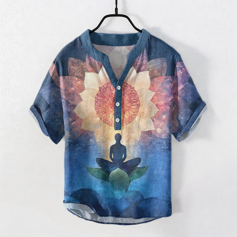 Buddha Stones Cotton Lotus Meditating Figure Pattern Men's Short Sleeve Half Button Shirt - SteelBlue - US/UK/AU38，EU48 (M) - image 5