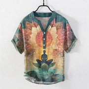 Foviel Cotton Lotus Meditating Figure Pattern Men's Short Sleeve Half Button Shirt