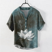 Foviel Cotton Lotus Pattern Men's Short Sleeve Half Button Shirt
