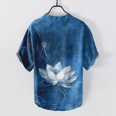 Buddha Stones Cotton Lotus Pattern Men's Short Sleeve Half Button Shirt - image 8