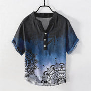 Foviel Cotton Mandala Pattern Men's Short Sleeve Half Button Shirt