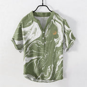 Foviel Cotton Tai Chi Pattern Men's Short Sleeve Half Button Shirt