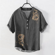 Foviel Cotton Dragon Men's Short Sleeve Half Button Shirt