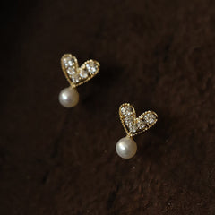 Buddha Stones 925 Sterling Silver Plated With Gold Heart Design Sincerity Earrings - Pearl(925 Sterling Silver Plated With Gold Posts) - image 0
