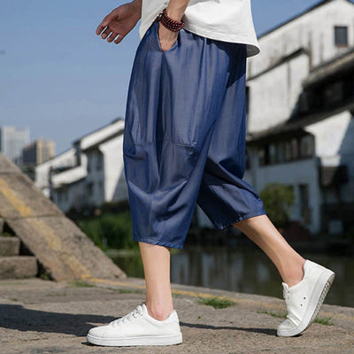 Buddha Stones Summer Elastic Waist Drawstring Solid Color Half Men's Tapered Pants With Pockets  - image 8