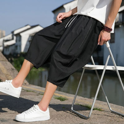 Buddha Stones Summer Elastic Waist Drawstring Solid Color Half Men's Tapered Pants With Pockets  - image 25