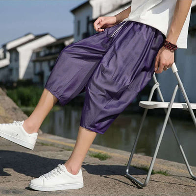 Buddha Stones Summer Elastic Waist Drawstring Solid Color Half Men's Tapered Pants With Pockets  - image 31