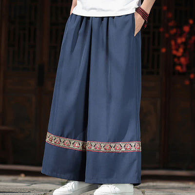Buddha Stones Summer Cotton Embroidered Hem Elastic Waist Men's Cropped Wide Leg Pants With Pockets - image 2