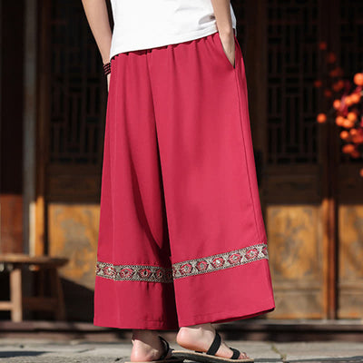 Buddha Stones Summer Cotton Embroidered Hem Elastic Waist Men's Cropped Wide Leg Pants With Pockets - image 9