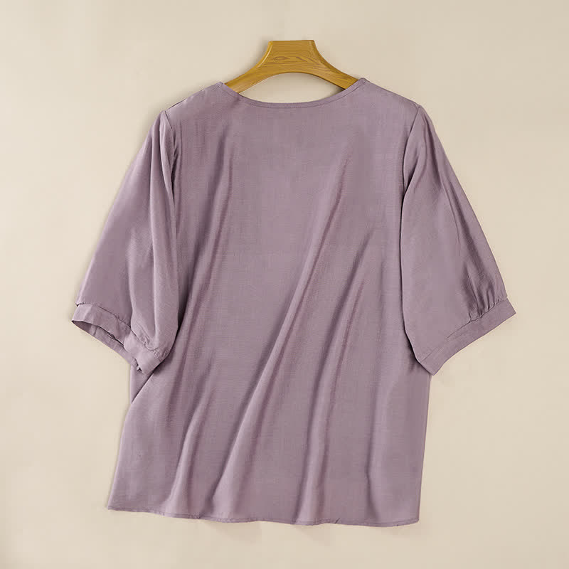 Buddha Stones Spring Boho Embroidered Cotton Linen Elbow-Length Sleeve Women's T-Shirts - image 8