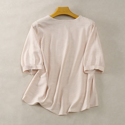 Buddha Stones Spring Boho Embroidered Cotton Linen Elbow-Length Sleeve Women's T-Shirts - image 14