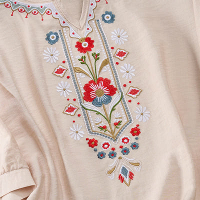 Buddha Stones Spring Boho Embroidered Cotton Linen Elbow-Length Sleeve Women's T-Shirts - image 16