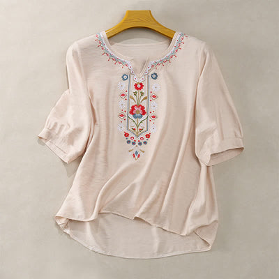 Buddha Stones Spring Boho Embroidered Cotton Linen Elbow-Length Sleeve Women's T-Shirts - Beige - US16，UK/AU20，EU48 (3XL) - image 13