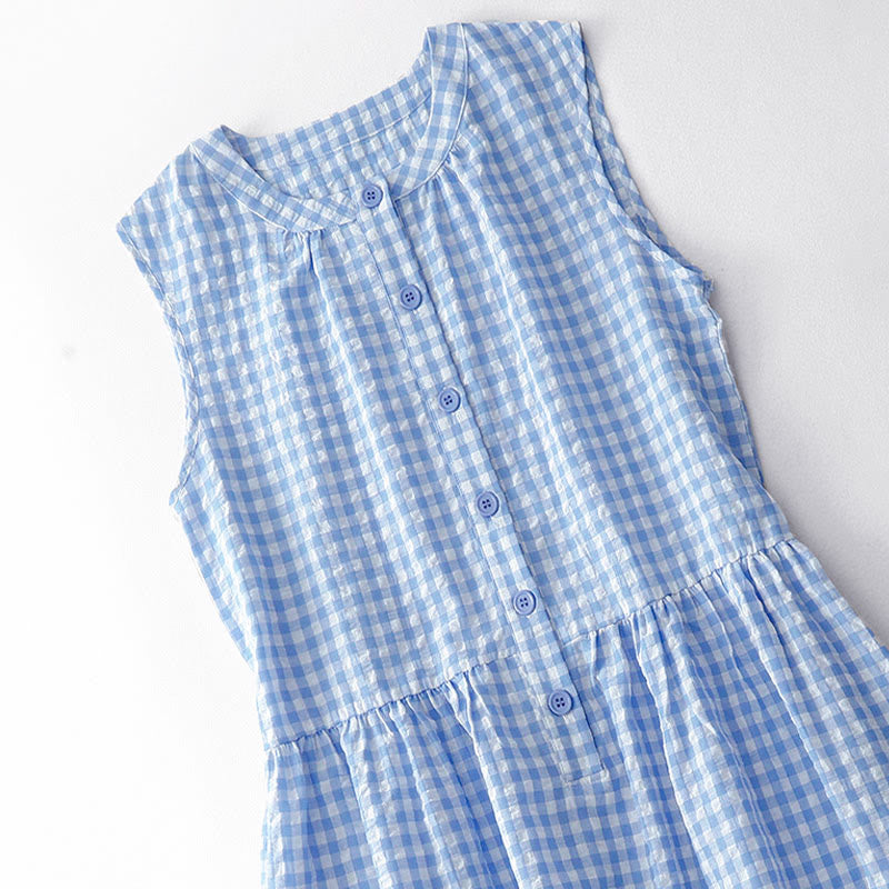 Buddha Stones Crew Neck Sleeveless Plaid Summer Cotton Knee Length Dress - image 10