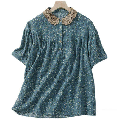 Buddha Stones Front Button Design Floral Print Pattern Women's Cotton Half Sleeve Shirt - image 3