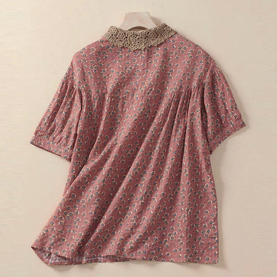 Buddha Stones Front Button Design Floral Print Pattern Women's Cotton Half Sleeve Shirt - image 6