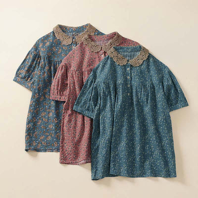 Buddha Stones Front Button Design Floral Print Pattern Women's Cotton Half Sleeve Shirt - image 12