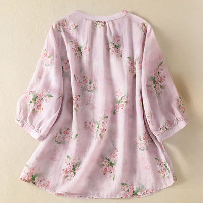 Buddha Stones Crew Neck Casual Frog-Button Floral Print Pattern Blouse Half Sleeve Women's Shirts - image 8