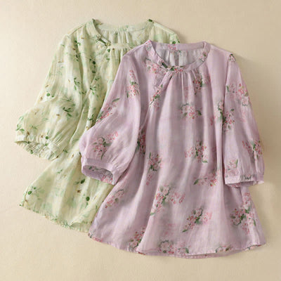 Buddha Stones Crew Neck Casual Frog-Button Floral Print Pattern Blouse Half Sleeve Women's Shirts - image 15