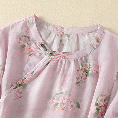 Buddha Stones Crew Neck Casual Frog-Button Floral Print Pattern Blouse Half Sleeve Women's Shirts - image 9