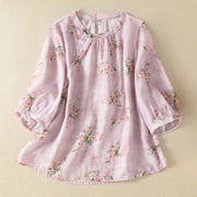 Foviel Crew Hals Casual Frog-Button Floral Print Muster Bluse Halbarm Damenhemden