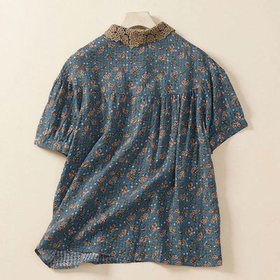 Buddha Stones Front Button Design Floral Print Pattern Women's Cotton Half Sleeve Shirt - image 1