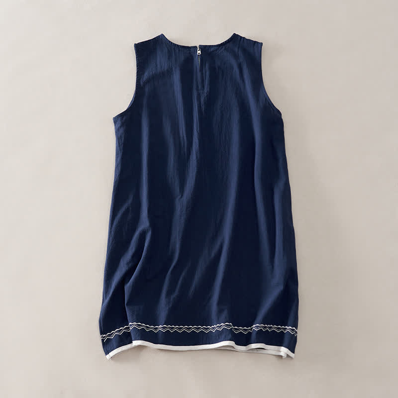 Buddha Stones Summer Embroidery Hem Back Zipper Design Sleeveless Solid Color Mini Dress With Pockets - image 1